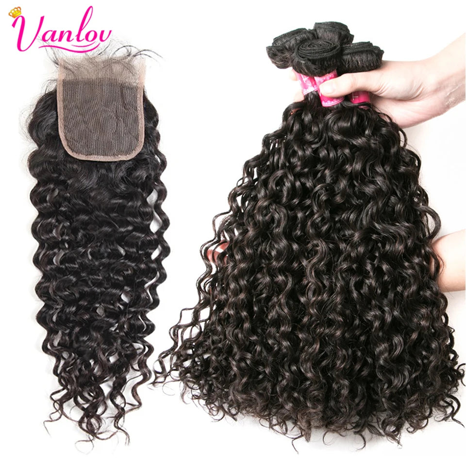 Hair Water Wave Human Hair Bundles with Closure 4 Pcs/Lot Peruvian Hair 4 Bundles with Closure Remy Hair Extension Weave